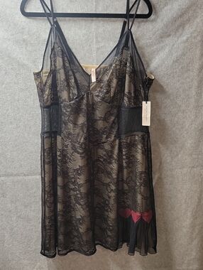 Sophie Theallet Black Lace Chemise with Cream Lining and Red Heart Details